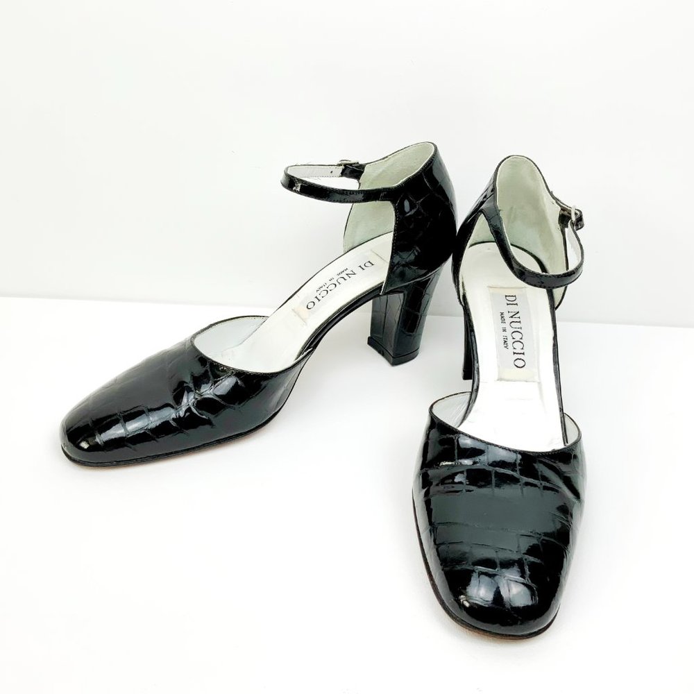 DI NUCCIO  Black Patent Leather Mary Jane Hills Ankle Strap Sz 36.5 - 6